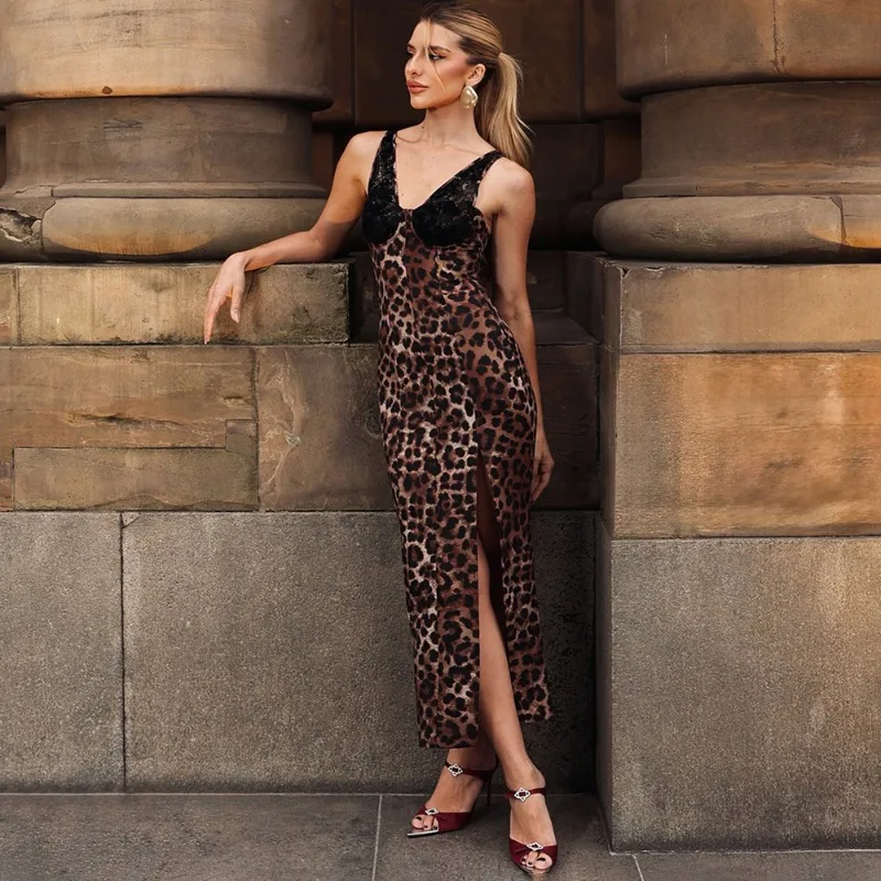 

Talenza Women's Leopard Print Lace Dress Retro Print Lace Patchwork Slit Sleeveless Strapless Dress New Sexy Female Party Dress
