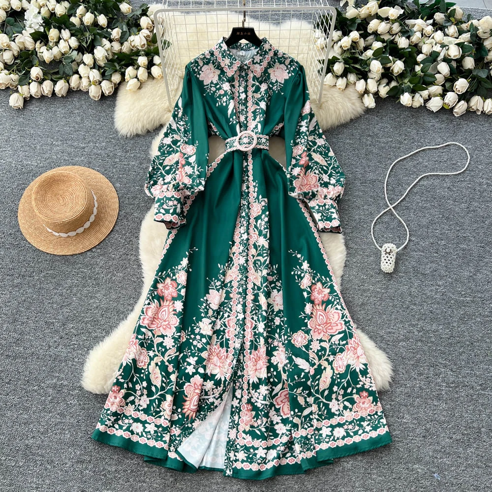 Robe Maxi à fleurs à manches longues pour femmes, chemise musulmane imprimée à simple boutonnage, style bohème, décontractée, nouvelle collection été automne