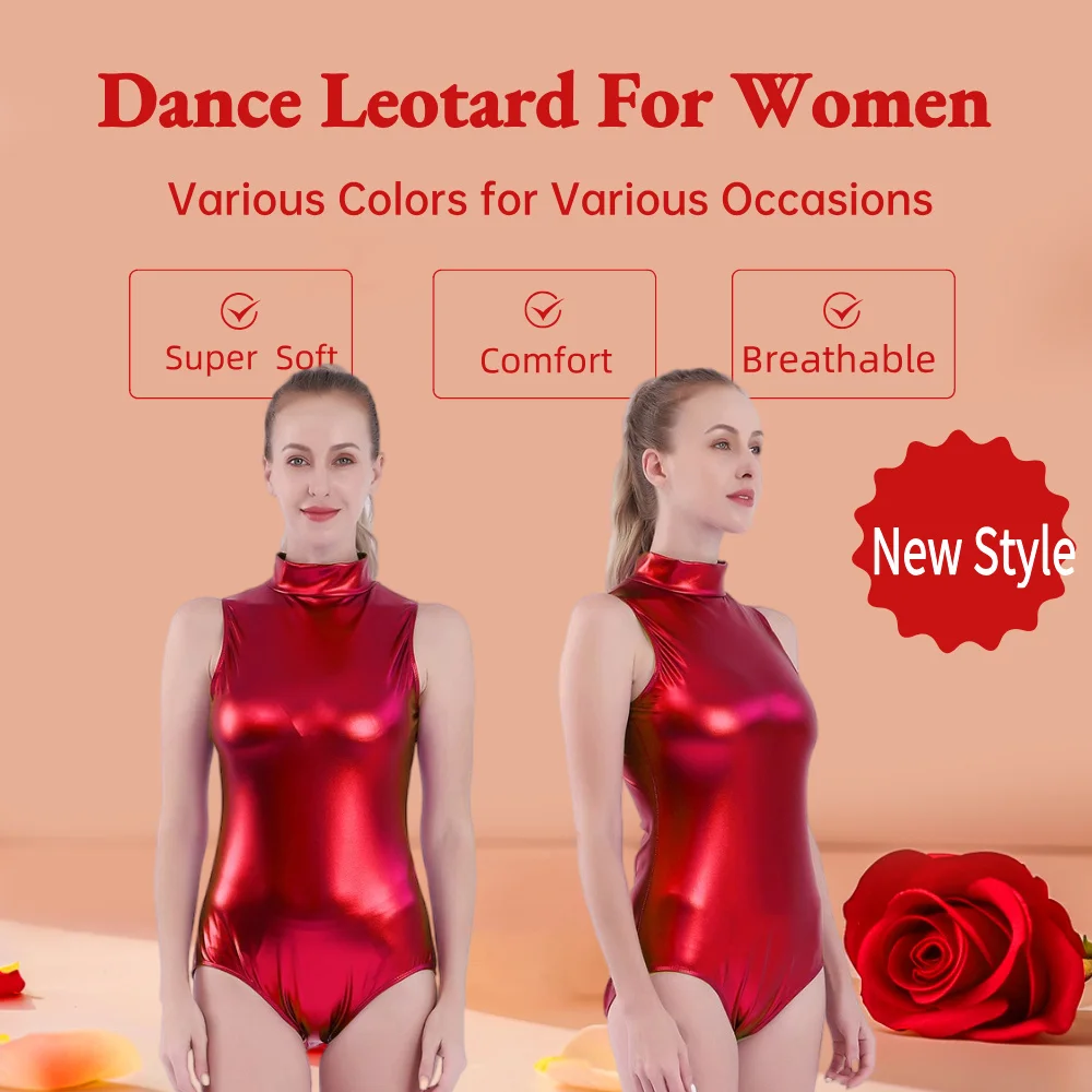 

Women's Shiny Metallic Dance Bodysuit Sleeveless High-necked Training Suit for Ballet Stage Performance Dance Costume