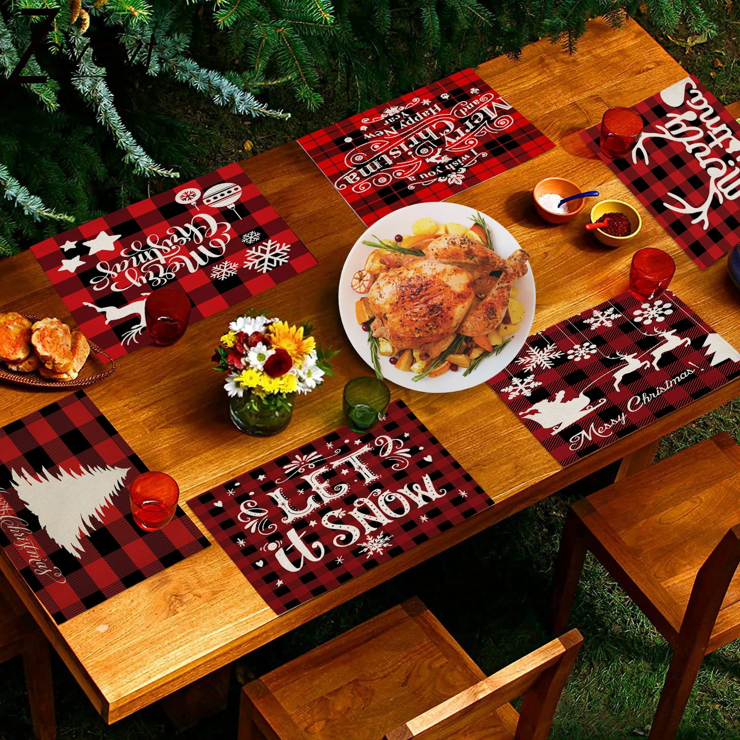 1pcs Christmas Decorative Dining Mat Classic Red Black Plaid Deer Tree Snowman Linen Placemats Anti-heat New Year Home Decor