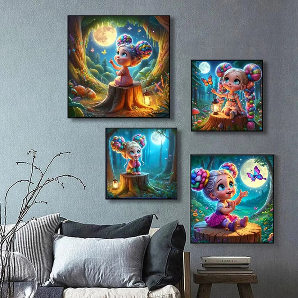 5D DIY Diamond Painting Cute Colorful Ball Head Girl Butterfly Cartoon Hand Cross Stitch Drills Mosaic Art Room Home Decor Gifts