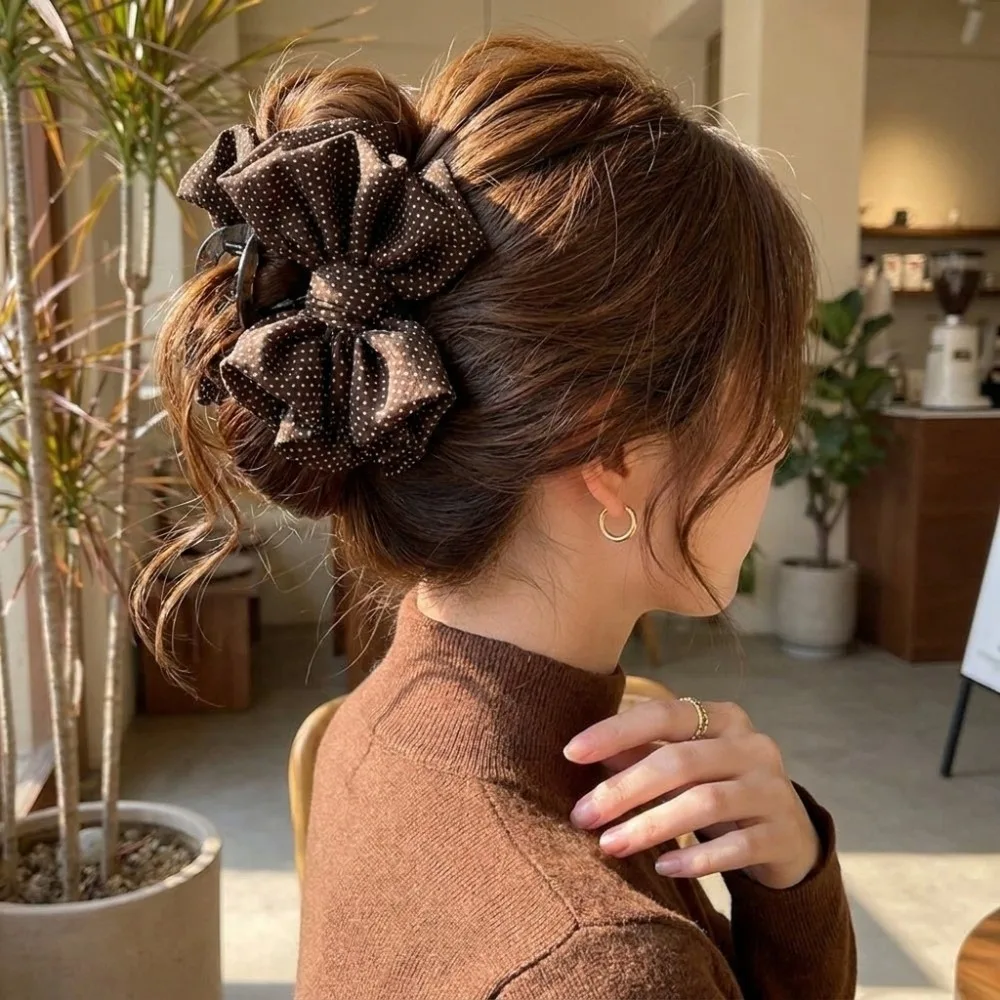 2pcs Elegant Polka Dot Hair Claw Clip Set Bow Non-Slip Shark Clip Fabric Coffee Black Beige Banana Hair Clip Girl