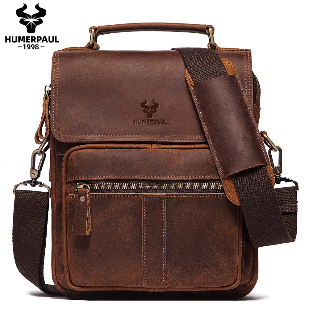 HUMERPAUL Genuine Leather Men's Shoulder Bag Luxury Work Business Messenger Bags Fashion Male Crossbody with Adjustable Straps