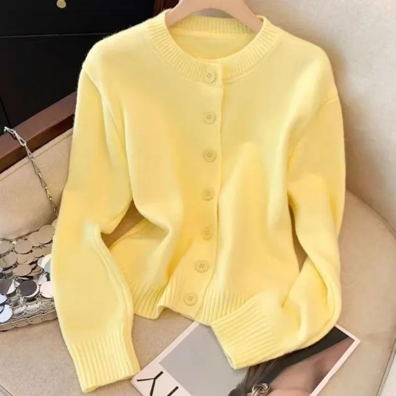 Women Soft Knit Cardigan Crew Neck Button Front Loose Short Sweater Coat Autumn Winter Tops