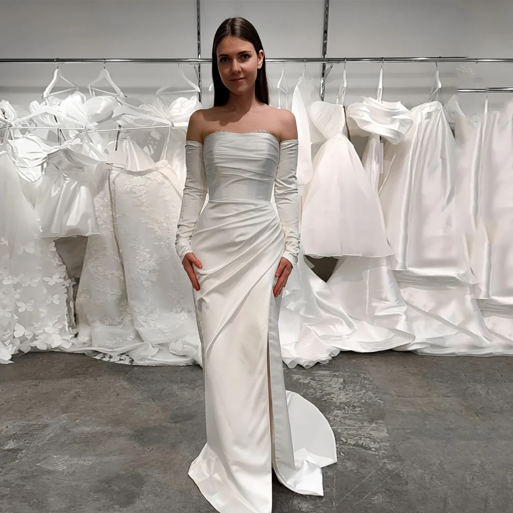 Sexy sem alças vestidos de casamento plissado cetim sereia personalizado nupcial crescido destacável mangas compridas lado split vestido de noiva