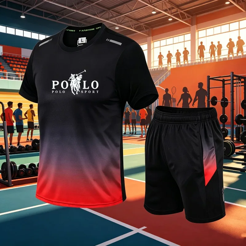 

2026 new men's gradient sports suit, multi color quick drying breathable T-shirt, with trendy printed patterns embellished