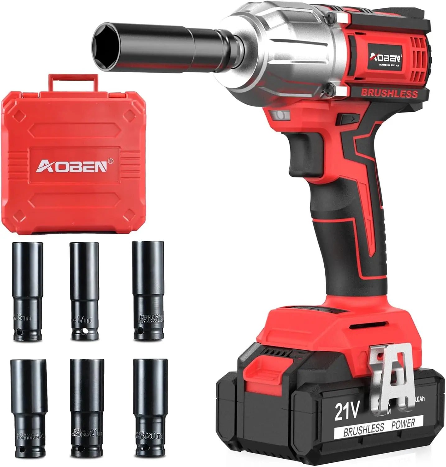 Aoben 21V Cordless High Torque Impact Wrench 1/2 Inch, Powerful Brushless Motor With Max Torque 450 Ft-Lb (600N.M), 4.0Ah