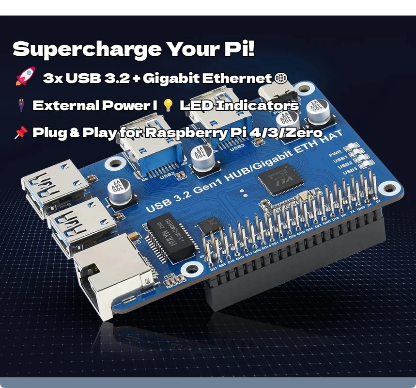 

Raspberry Pi USB 3.2 & Gigabit Ethernet Expansion HAT - 3-Port USB Hub with 1000Mbps LAN, External Type-C Power, Plug and Play f