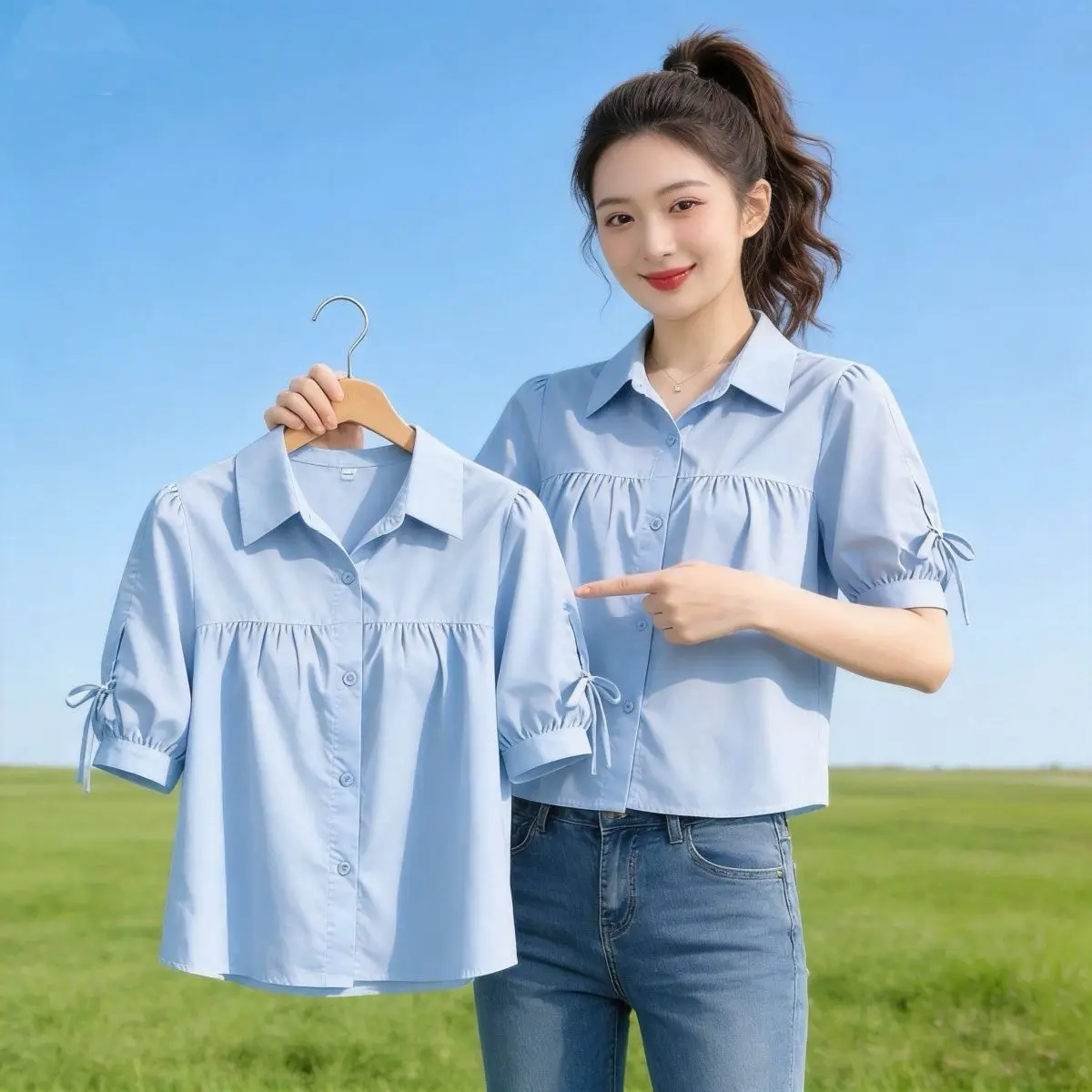 Fashionable Thin Short Sleeve Shirt for Small Stature Women  Knot Loose Fit Summer New Style Top  Collar Other M...