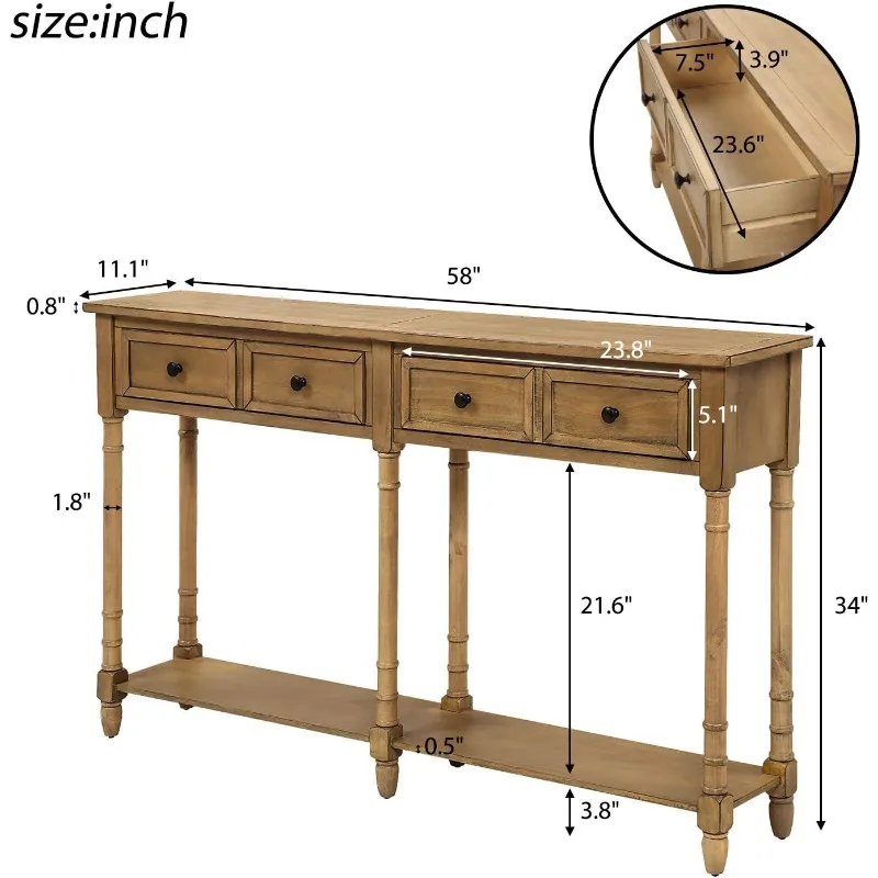 Knocbel Long Accent Entry Console Table with Drawers & Bottom Open Shelf, Solid Wood Sofa Couch Side Table for Entryway
