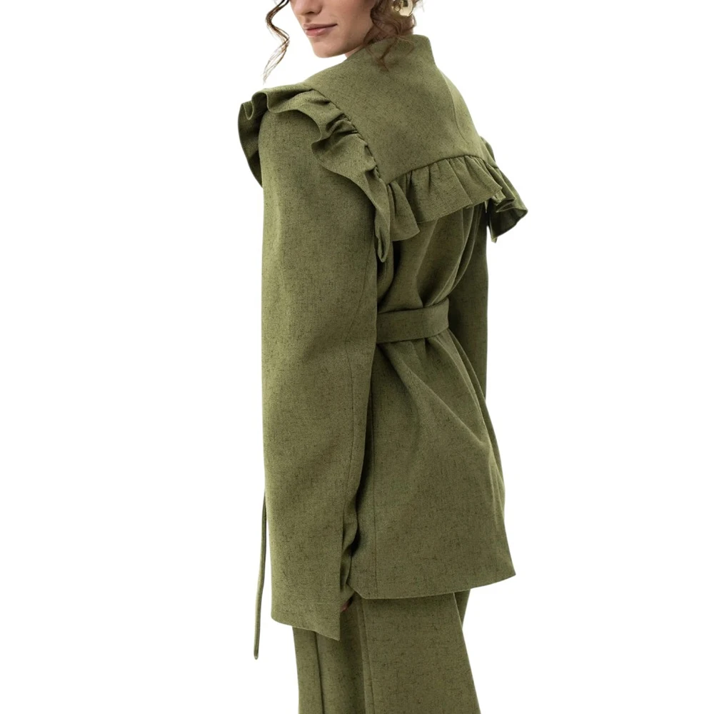 Nova 2026 New Women Ruffle Trim Blazer Set Olive Green Long Sleeve Wide Leg Pants Two Piece Outfit