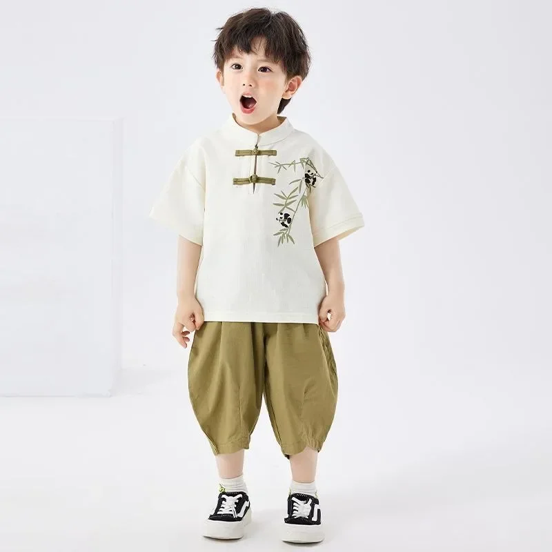 

Improved Fashion Children Tang Suit Boys Chinese Style Panda Printed Short Sleeve Tops Wide Leg Pants Chinese Shopping Online