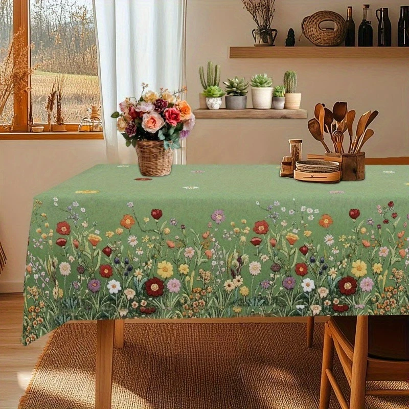 Vintage Floral Printed Tablecloth Table Decor Spring Watercolor Flower Green Rectangle Table Cloth Party Decor Mother's Day Gift