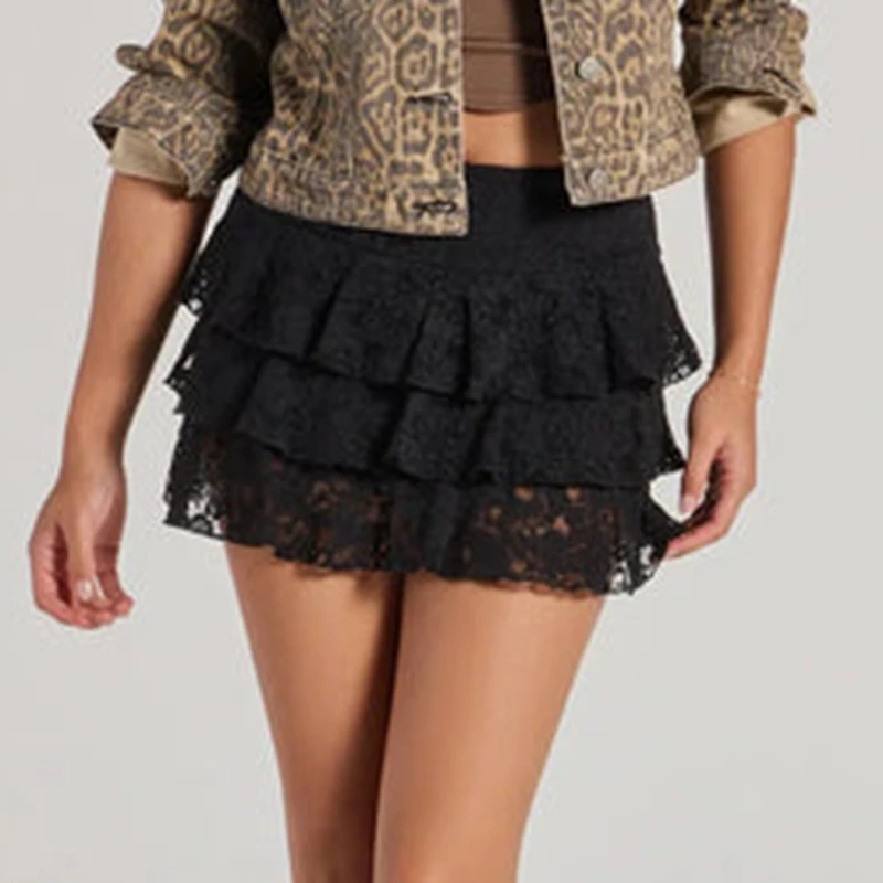 Mulheres verão em camadas mini saias casual elegante cor sólida rendas plissado saia para praia férias clube streetwear