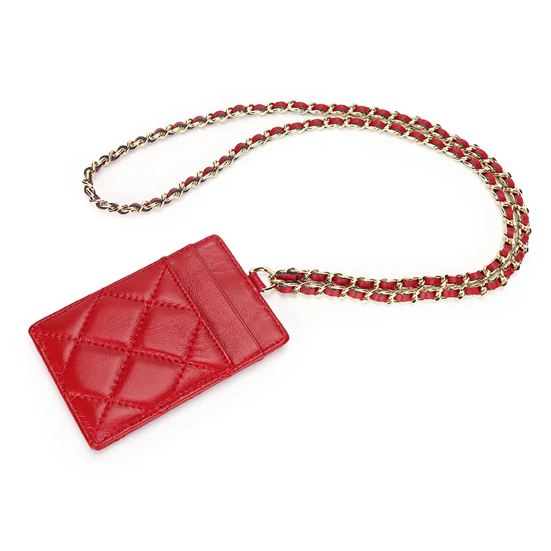 Funda de tarjeta de trabajo de piel de oveja auténtica, soporte de tarjeta de identificación de cuero de celosía de diamante, insignia de acceso de estudiante con cordón y gancho para el cuello delgado