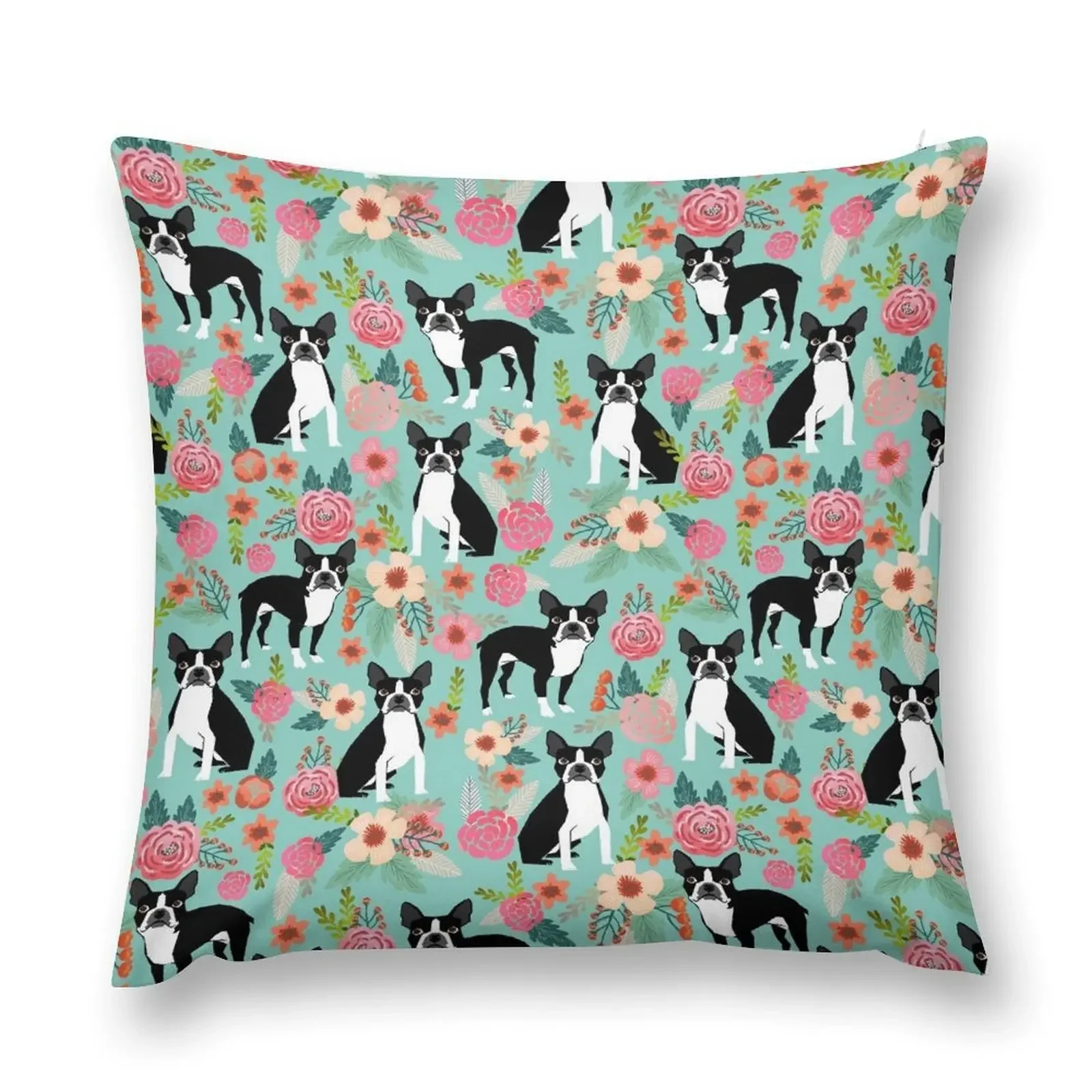 Floral Boston Terrier cute dog spring bloom love valentines day gift terrier black and white puppy Throw Pillow