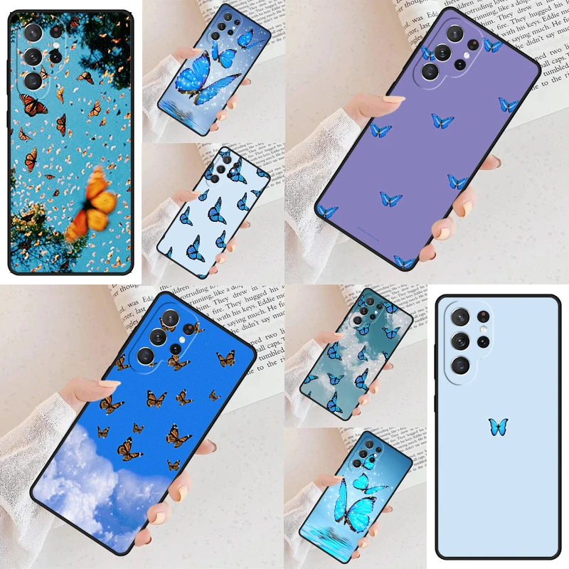 Luksusowe etui na telefon z motywem niebieskich motyli do Samsunga S24 S25 Ultra Galaxy S23 S22 S21 Note 10 Pro S20 Plus FE