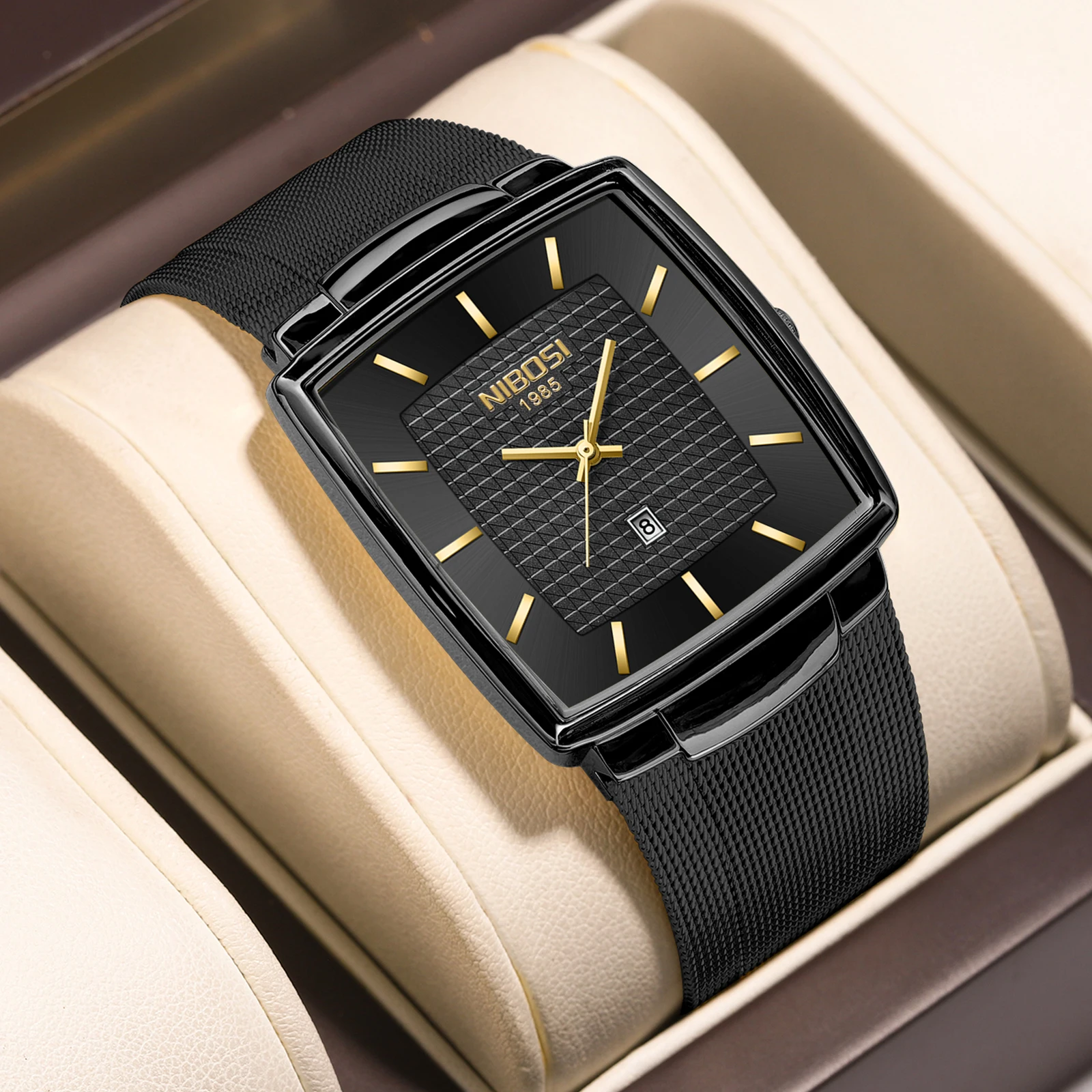 NIBOSI New Luxury Men Quartz Watch 3ATM Waterproof Automatic Date Watch Man Mesh Steel Sport Square Watch for Men Reloj Hombre