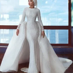 Saudi Arabia Wedding Dresses with Detachable Train Bridal Gowns Lace Beading Sequins Mermaid Long Sleeve Muslim Robe