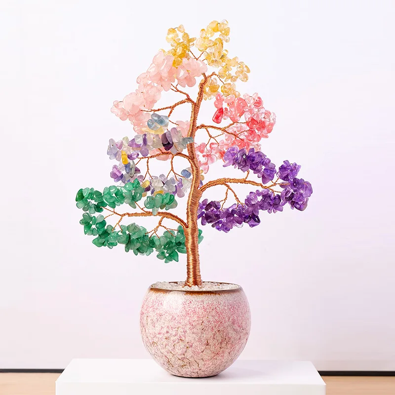

1PC Natural Crystal Multi-Colored Pebbles Money Tree, Hand-Woven Crystal Prosperity Tree, Office Desk Decoration Item Gift
