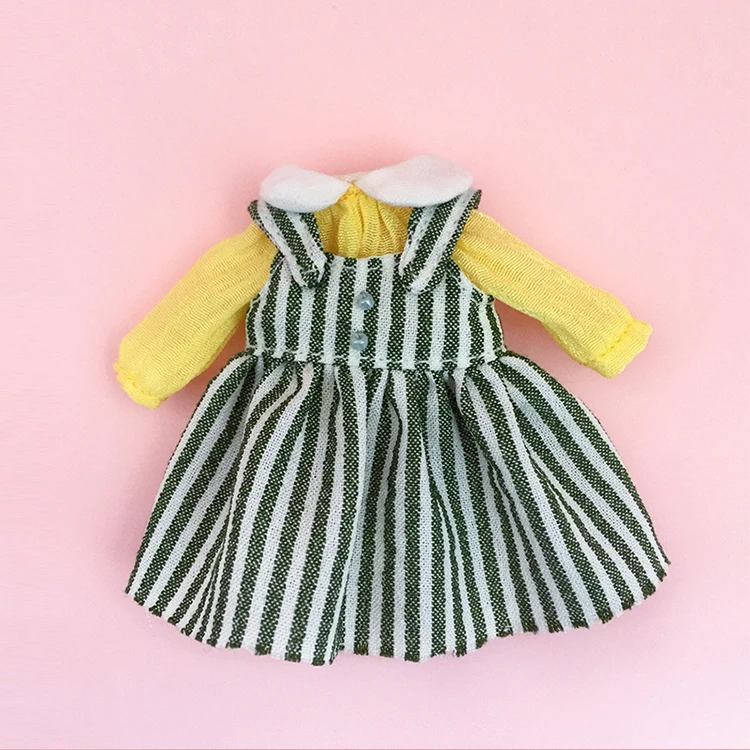 D04-A197 children handmade toy 1:12  ob11 GSC pd9 doll Accessories Long sleeve shirt Yellow Lapel Striped Skirt