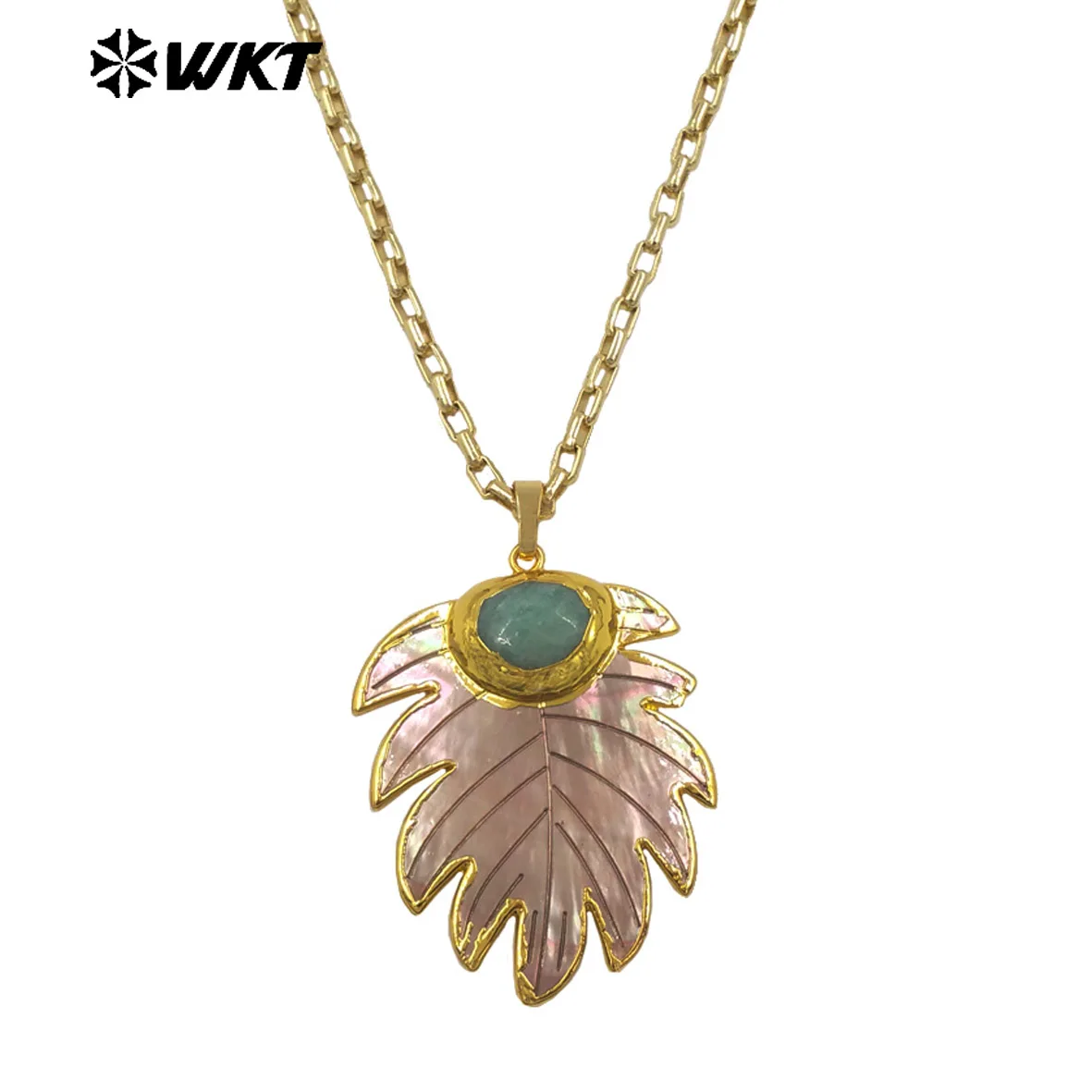 WT-JN377 Special Leaft Shape Natural Shell And Amazonite Stone Beads Paved In 18k Gold Plated Fine 18+2 Inch Necklace