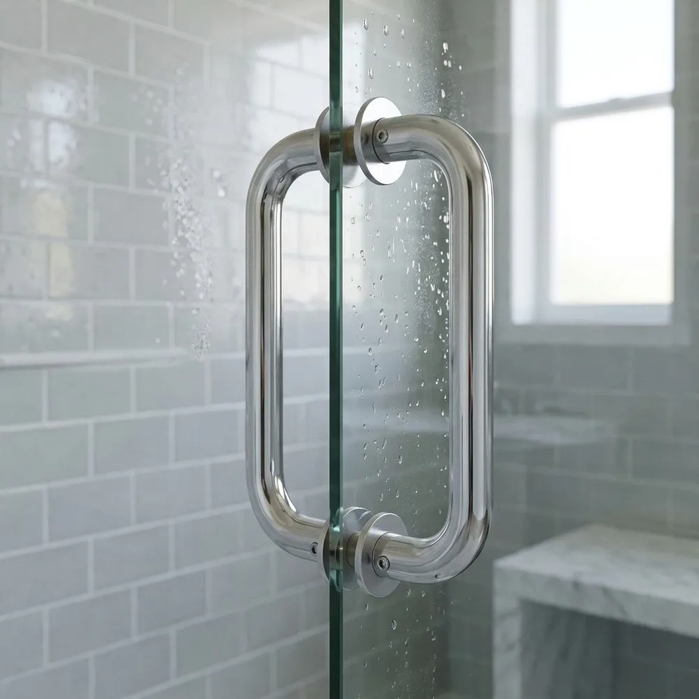 Shower Door Pull Handle with High Polished Mirror Finish SUS 304 Steel and Internal Brass Sleeves for Stability