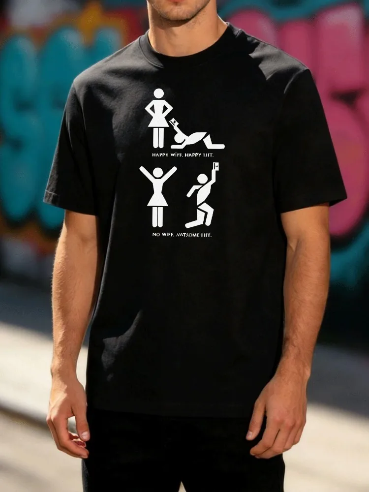 Male Cotton Crew Neck Tee Funny Happy Wife No Wife Stick Figure Graphic Short Sleeve Summer Daily Streetwear Basic Top For Men