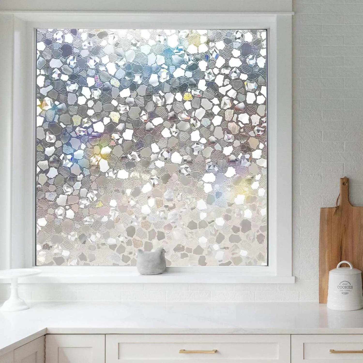 Frosted Glass Window Sticker, 3D Rainbow Pebble Non-Adhesive Anti-UV Removable Decorative Window Tint for Bathroom Kitchen Home