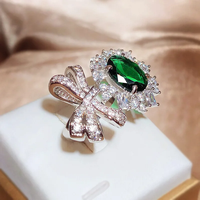 

Fashion Trend inlaid green gemstone rings for women retro 925 silver exquisite bowknot AAAAA zirconia engagement jewelry