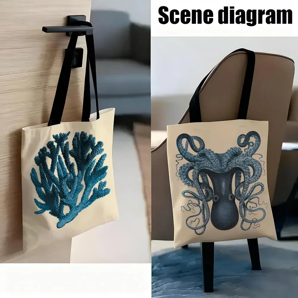 Blue Sea Creature Coral Shrimp Storage Bags Handbag Canvas Bag Women Casual Underarm Top Handle Bag Lady Shopping Travel Bags