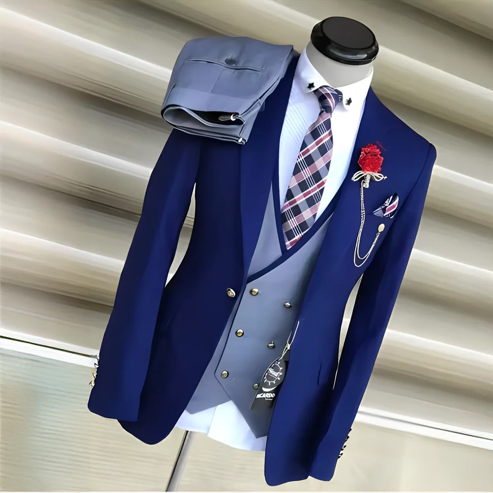 Fashion Men's Suit 3-piece Set Royal Blue with Yellow Wedding Groom Tuxedo Jacket Pants Vest Outfit for Mens