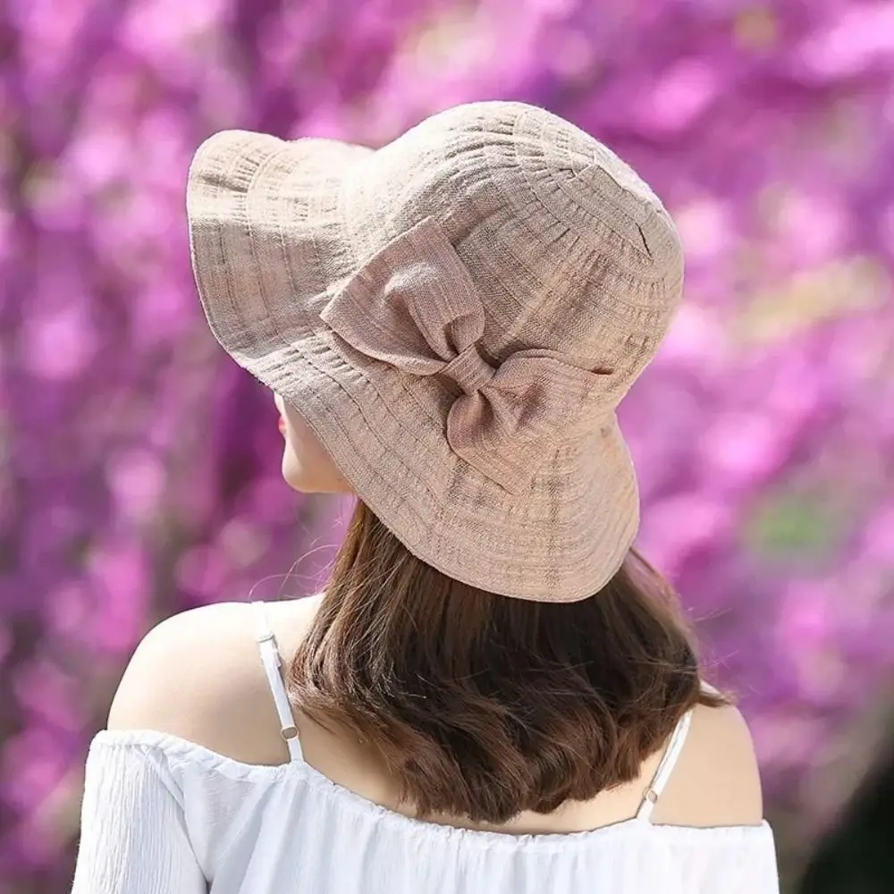 Fashion Cotton Sunshade Fisherman Cap Thin Wide Brim Women Bow Sun Hat Foldable Solid Color Sun Protection Hat Summer