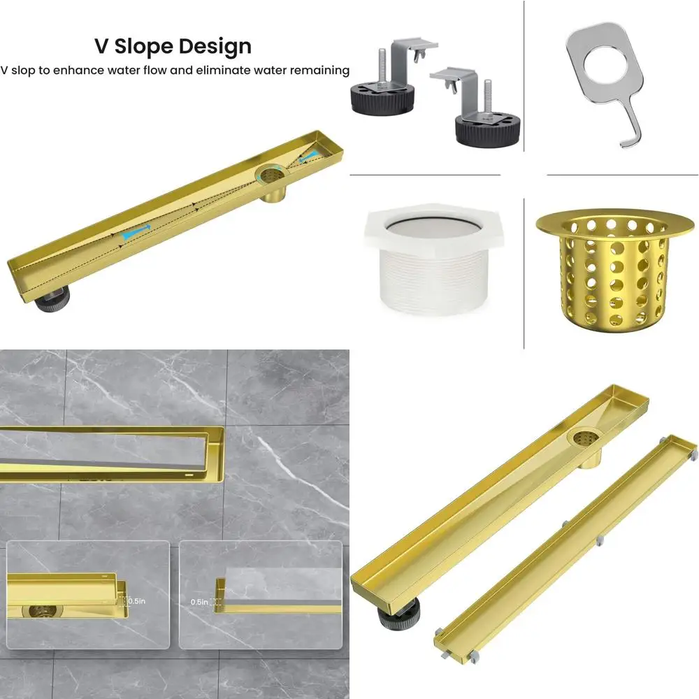

30 Brushed Gold Linear Shower Drain with Reversible Tileable Cover, Stainless Steel Floor Drain, Hair Catcher, Adjustable Feet