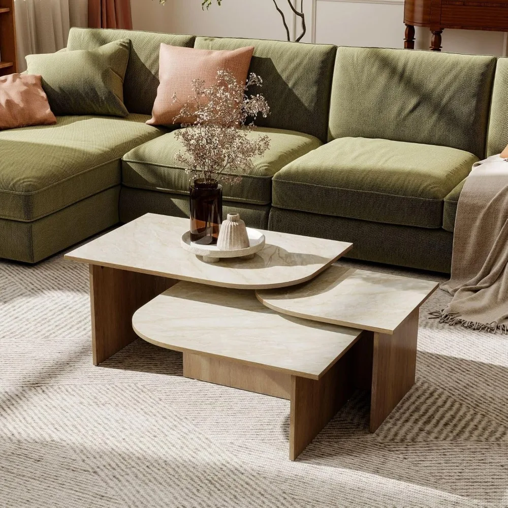 

Набор из трех журнальных столиков для гостиной, современный центральный стол с узором из искусственного мрамора с деревянными ножками, круглый и прямоугольный