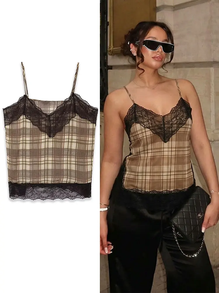 HH Sommer-Karo-Tops für Damen, Vintage-Spitzen-Splicing, schulterfreies Trägertop, lässiges Damen-Party-Urlaubs-Strand-Cami-Top