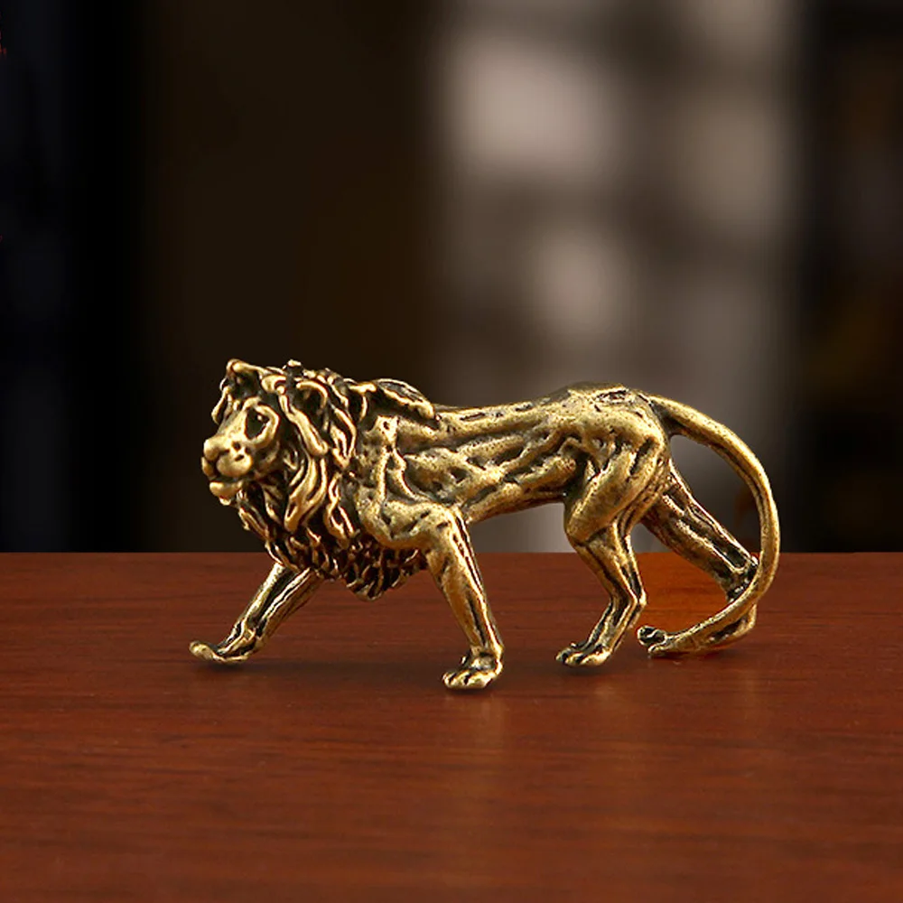Brass African Lion Mini Statue Handmade Retro Crafts Animal Figurines Ornaments Wealth Desk Office Home Decor Gift Collections