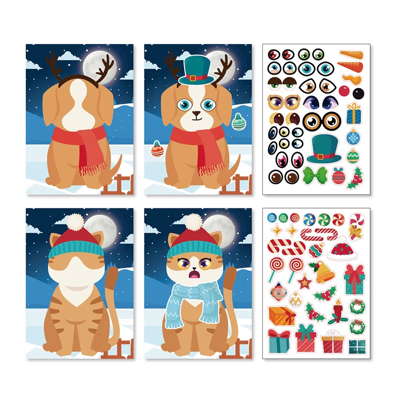 Cute Make Your Own Christmas Stickers for Children 6 Faces 4 Sticker Sheets Self-Adhesive Santa Claus Dog Cat Creative Jigsaw