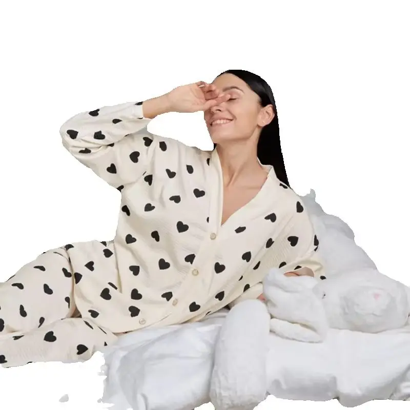 

SURI Autumn New Love Heart Print Pyjama 100% Long Sleeve Set 2Pcs Sleepwear Button Down V-neck Waffle Women's Pajamas Nightwear