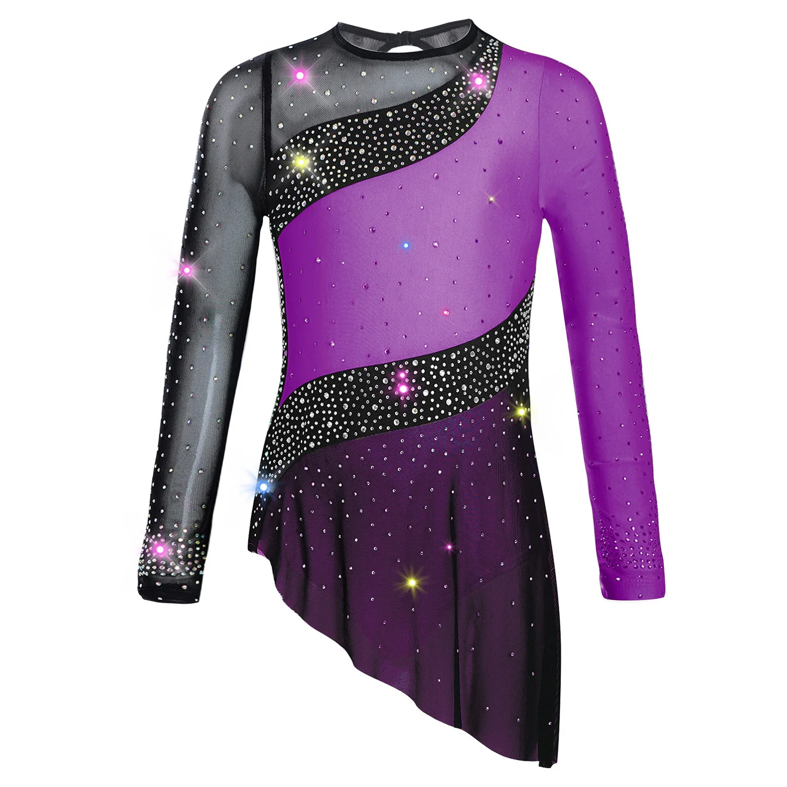 

Kids Girls Rhythmic Gymnastics Costume Figure Skating Dance Dress Long Sleeve Sheer Mesh Patchwork Rhinestones Leotards Dresses