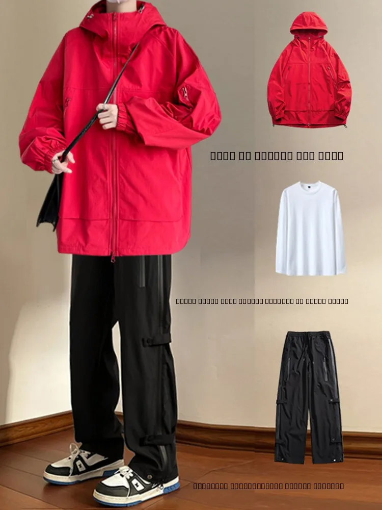 

Red Wine Color Men's Outdoor Waterproof Jaet Set Cool Sle Workwear Tee-Piece Suit Casual Faion Autumn Polyester Fiber