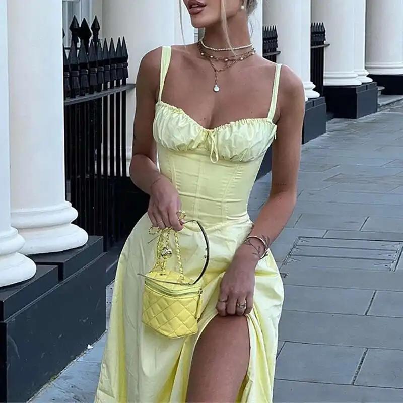 Abito sexy con stampa floreale, scollo quadrato, vita alta, diviso, senza maniche, con lacci, da donna, Boho, per le vacanze estive al mare