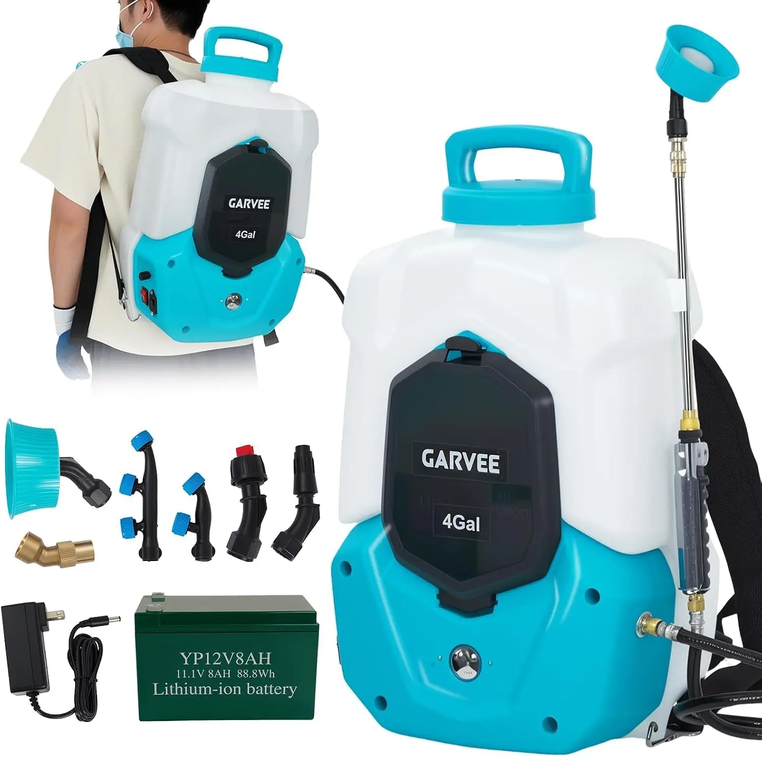 Battery Powered Backpack Sprayer 4 Gallons 12V 8Ah 6 Nozzles 2 Wands 4 6 Hour Runtime 90PSI