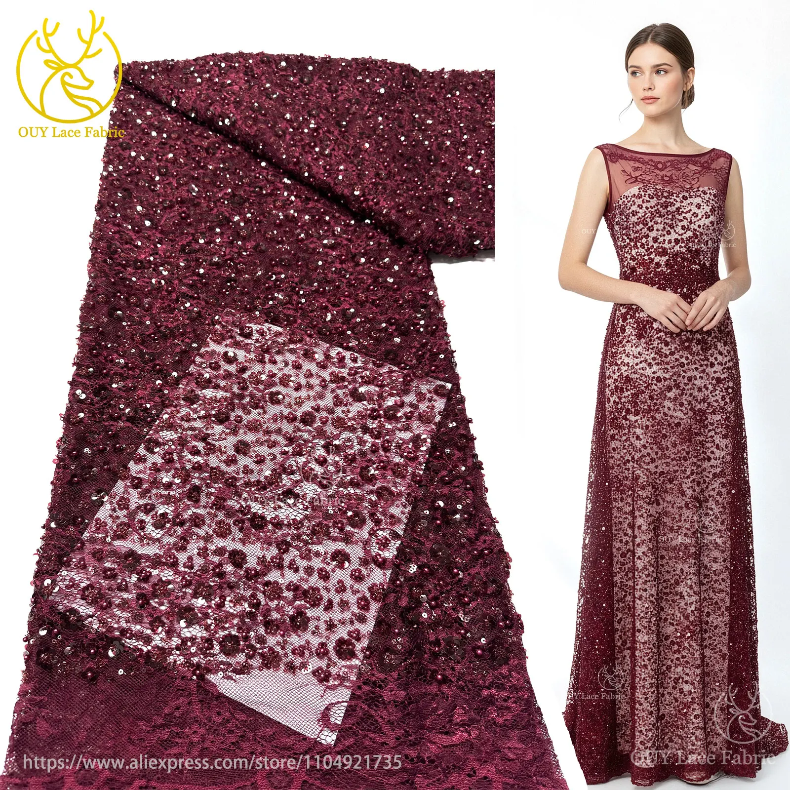 

High-End Women's Dress Fabric for 2026 Premium African Bridal Embroidered Beaded Lace Fabric French Sequined Tulle Lace Fabric