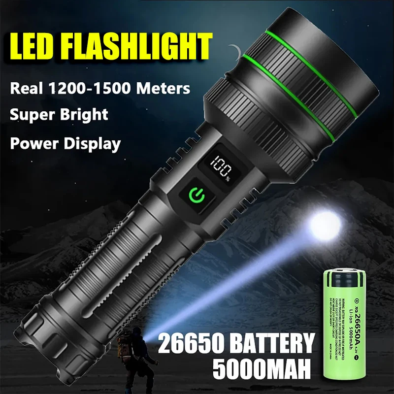 High Power LED Flashlight Type-C Rechargeable Strong Light Lamp Super Long Range Tactical Torch Outdoor Portable Camping Lantern