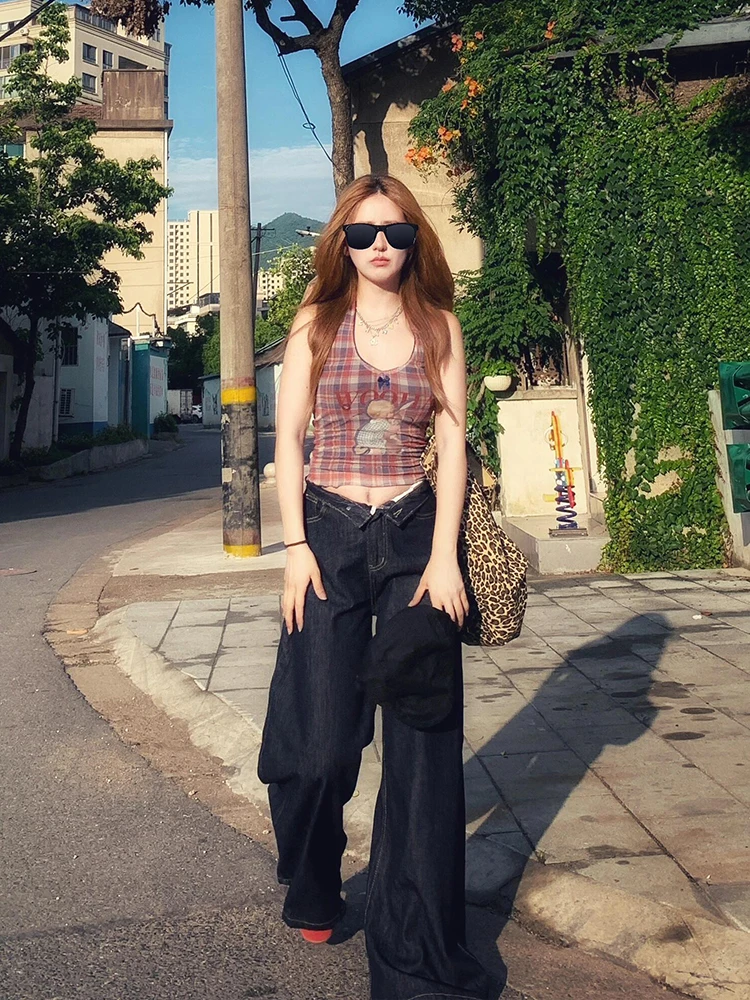 

Женские джинсы-палаццо с широкими штанинами, драпированная жидкая женская джинсовая мода, элегантная шикарная модная современная серия High Street Vibe, лето