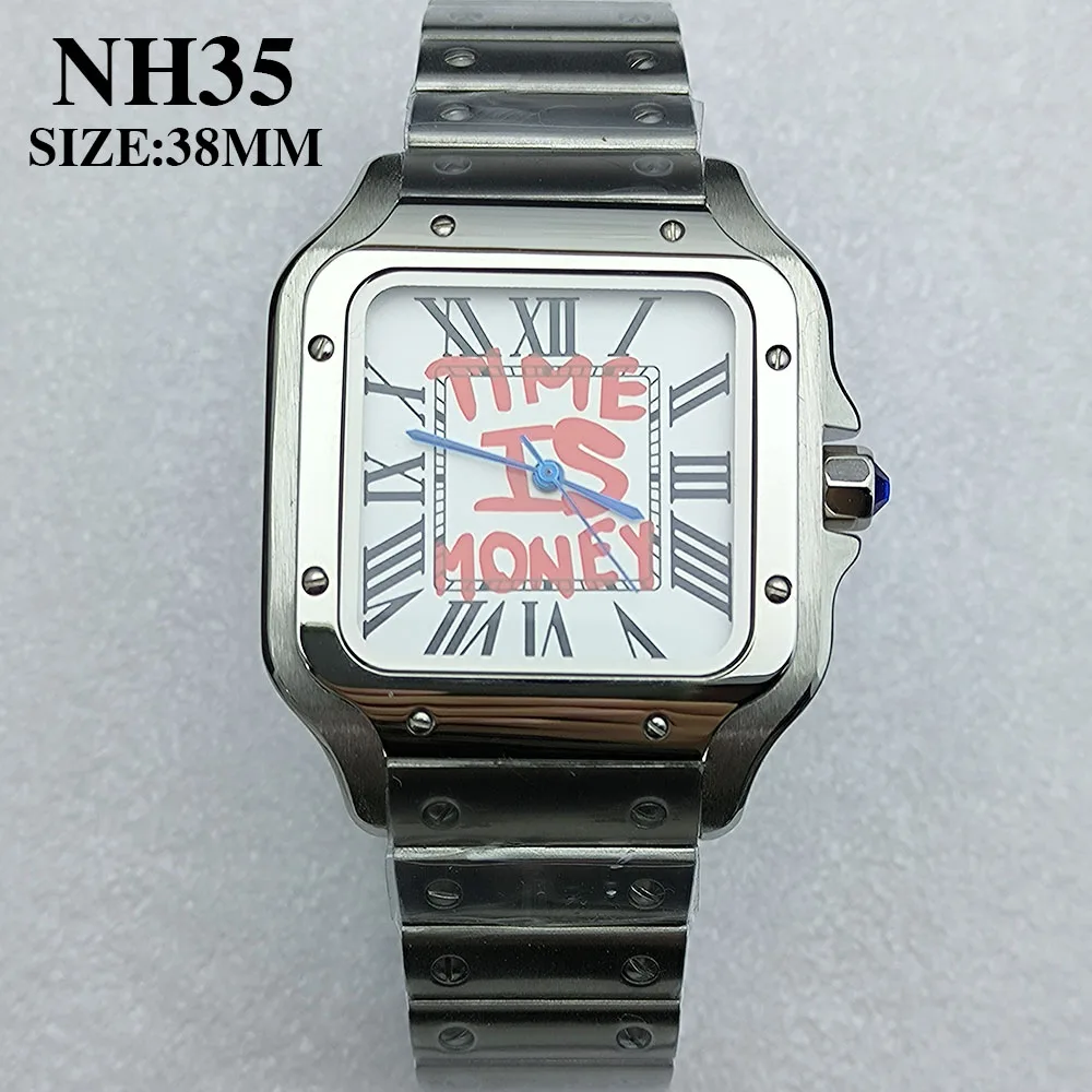 นาฬิกาข้อมือผู้ชาย New NH35 รุ่น Time is Money หน้าปัดทรงสี่เหลี่ยมแบบโรมัน ขนาด 38 มม. ตัวเรือนสแตนเลส นาฬิกา Santos กลไก NH35