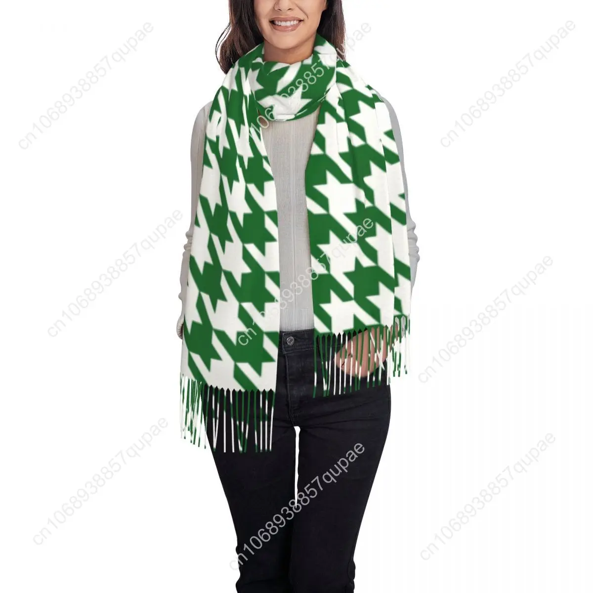 Green Houndstooth Geometric Scarf Wrap for Women Long Winter Warm Tassel Shawl Unisex Classic Retro Scarves