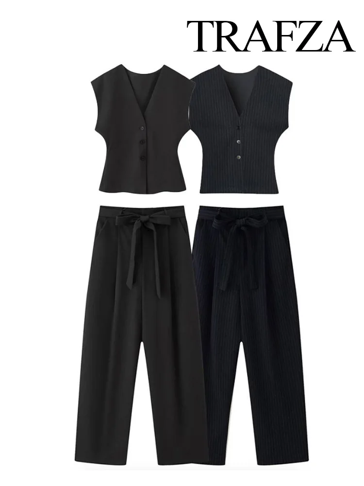 HH Женский модный комплект из 2 предметов, однобортный жилет без рукавов с v-образным вырезом в тонкую полоску + летние свободные плиссированные брюки с карманным поясом на молнии