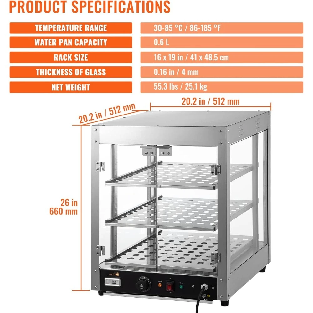 Commercial Food Warmer Display,Countertop Pastry Warmer w/Temp Knob & Display 0.6L Water Tray, Stainless Frame Glass Door